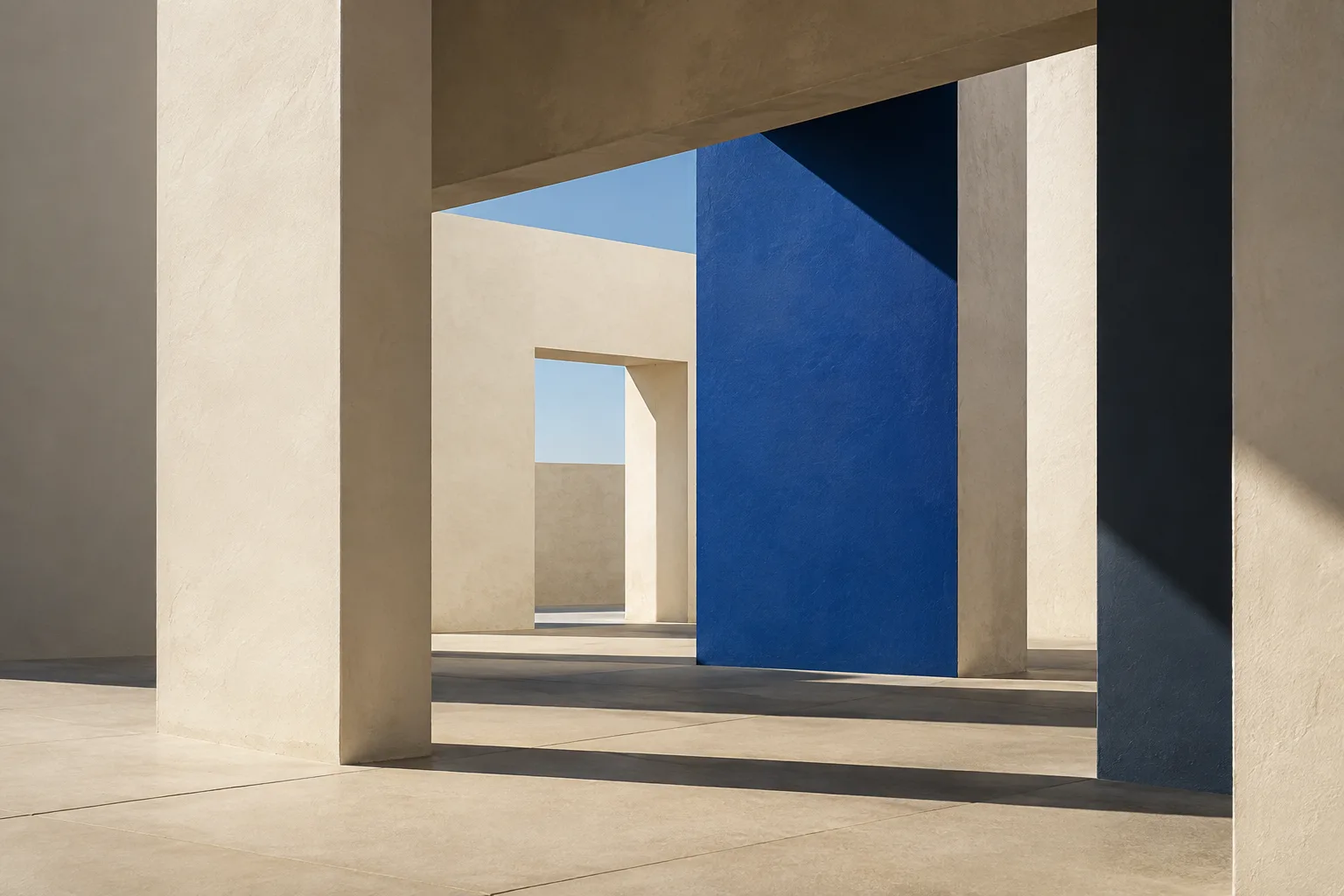 Ivory architectural spaces connected by a blue plane
