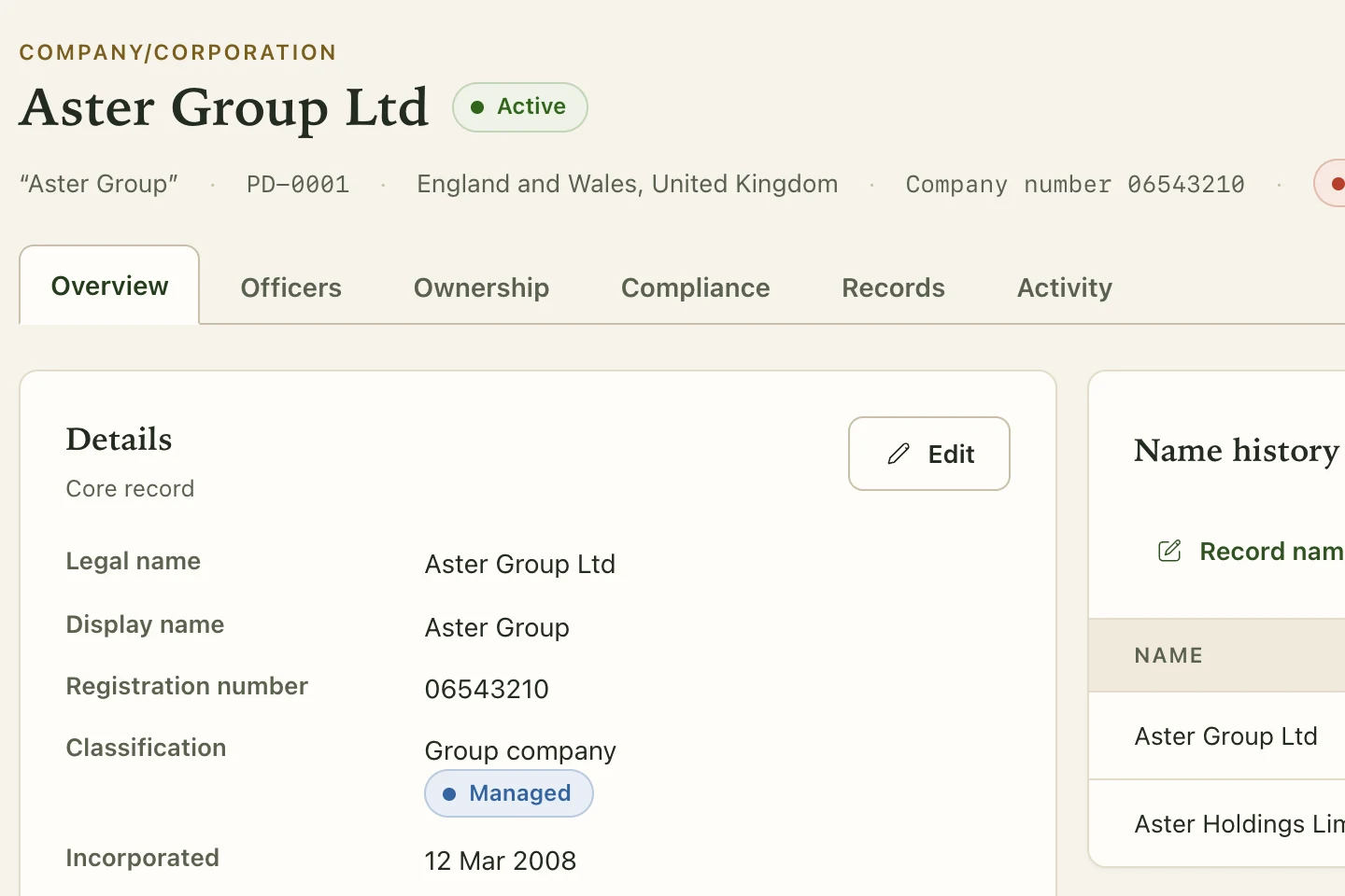 Pandect entity details for fictional Aster Group Ltd, with its legal name, registration number and incorporation date.
